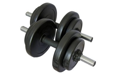 Beyaz arkaplanda iki dambıl var.