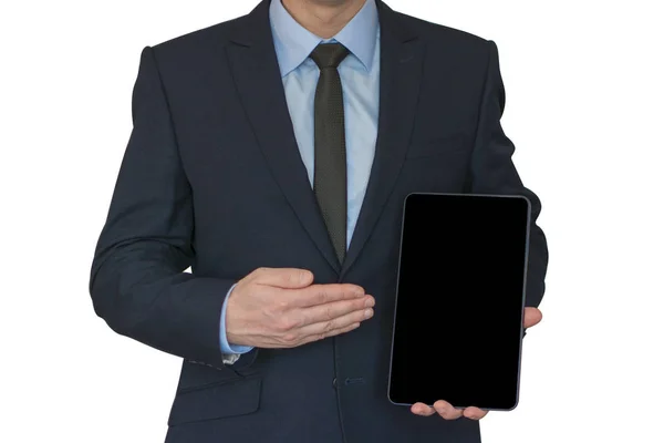 Homem de negócios segurar o tablet e apontar para ele por sua mão. Mock up — Fotografia de Stock