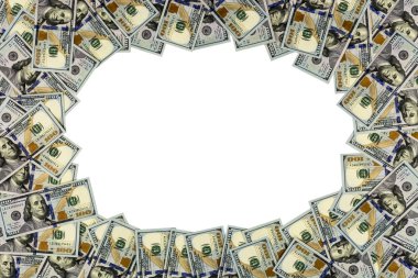 100 dolarlık çerçeve üzerinde beyaz izole. Üstten Görünüm. Boşluk