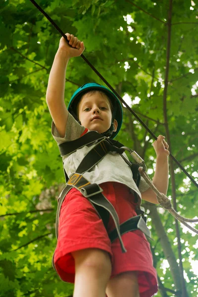 Jongen Klimmen Activiteit Hoge Draad Forest Park — Stockfoto