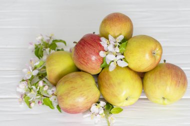 Beyaz ahşap zemin üzerinde olgun elma ve elma çiçekler.