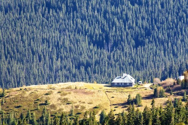 Alone house in the mountains. lodging alone in a quiet place. Impressive view of Carpathian from Hoverla mountain.