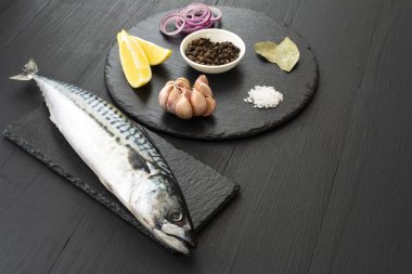 Siyah beton arka planda baharatlı taze, çiğ uskumru.