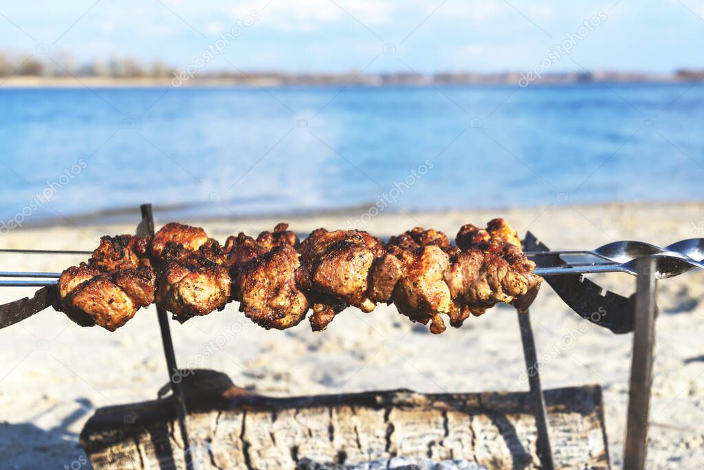 Cooking BBQ meat on beach. Food, summer, beach and leisure concept - grill barbecue on summer beach