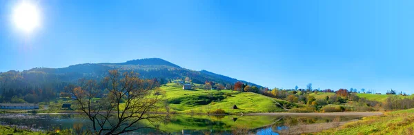 Panoramic view of Carpathian Mountains. Green hills with pine-trees and lake.