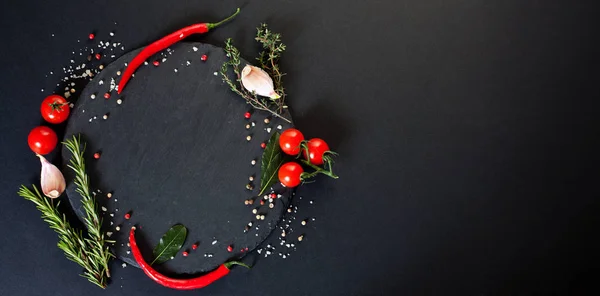 Frische Zutaten Für Gesunde Küche Auf Schwarzer Steinschiefertafel Draufsicht Banner — Stockfoto