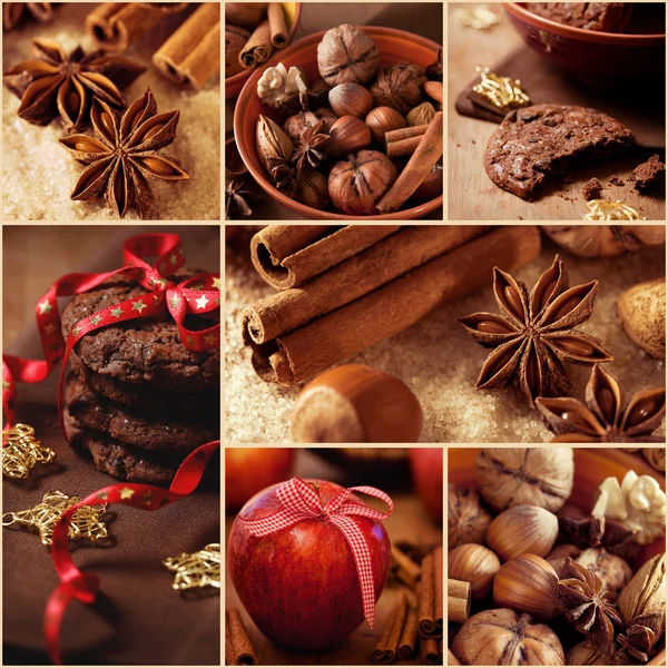 Weihnachtscollage Mit Schokoladenkeksen Nüssen Und Gewürzen — Stockfoto