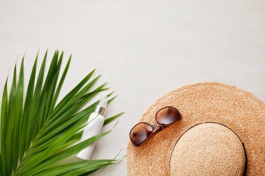 Yaz tatil kavramı düz yatıyordu. Plaj aksesuarları en iyi manzarası. Metin için yer. seyahat