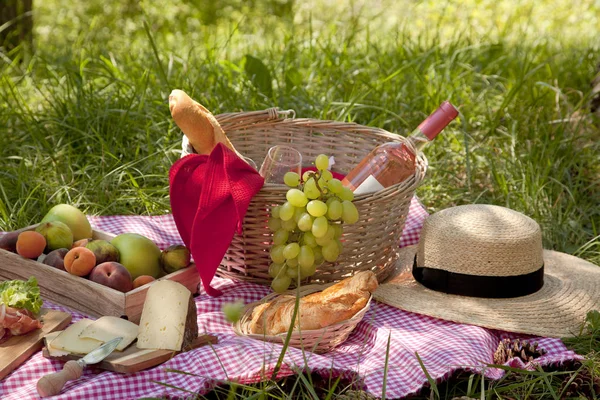 Piquenique Parque Grama Toalha Mesa Cesta Comida Saudável Vinho Rosa — Fotografia de Stock