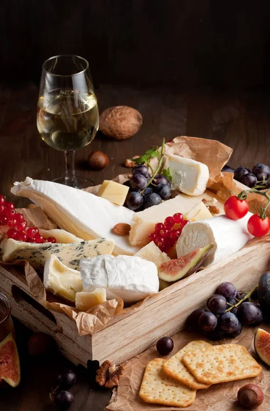 Variety Different Cheese Wine Fruits Nuts Camembert Goat Cheese Roquefort — Stock Photo, Image