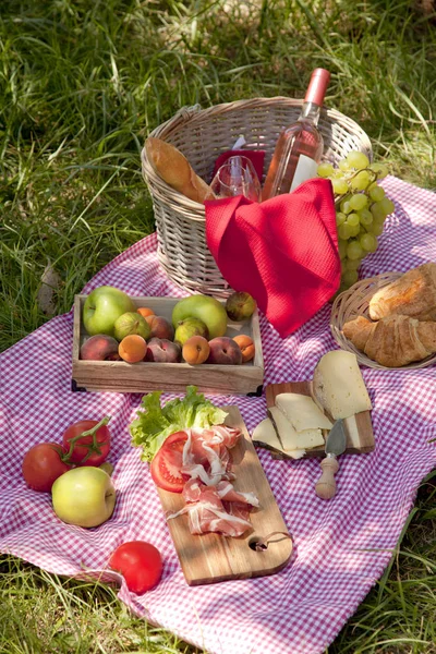 Piquenique Parque Grama Toalha Mesa Cesta Comida Saudável Vinho Rosa — Fotografia de Stock