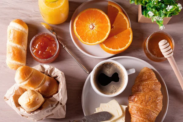 Breakfast Coffee Orange Juice Croissent Top View — Stock Photo, Image