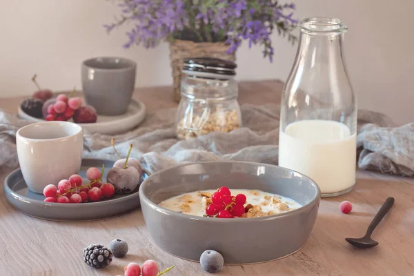 Healthy breakfast with granola, milk and berries