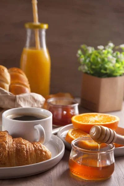 Petit Déjeuner Avec Café Jus Orange Croissant — Photo