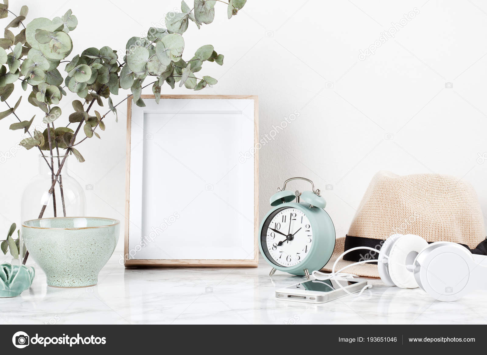 poster frame mockup front view decor elements flowers blank copy