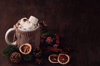 Sıcak çikolata meşrubatının marshmallow için soğuk hava ile. Noel ve yeni yıl kutlama kavramı kopya alanı ile