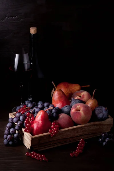 Fruits Frais Biologiques Vin Rouge Concept Aliments Boissons Biologiques — Photo