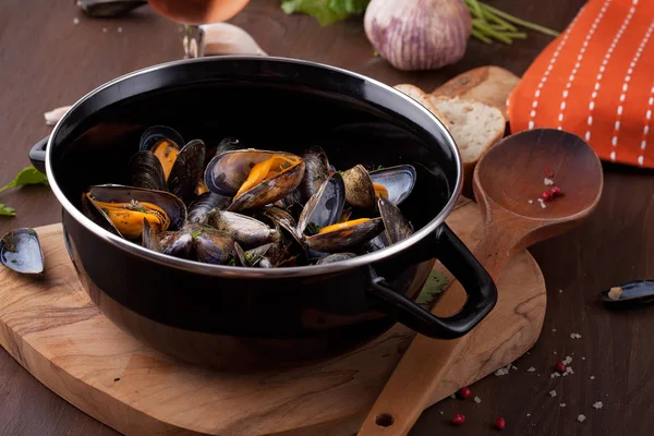 Freshly cooked mussels in herbs and white wine