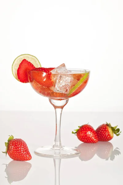 Cocktail Champagne Strawberries Lime Standing Glass Table — Stock Photo, Image