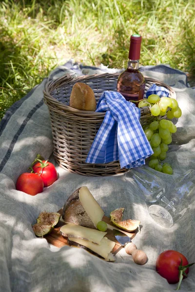 Piquenique Parque Grama Toalha Mesa Cesta Comida Saudável Vinho Rosa — Fotografia de Stock