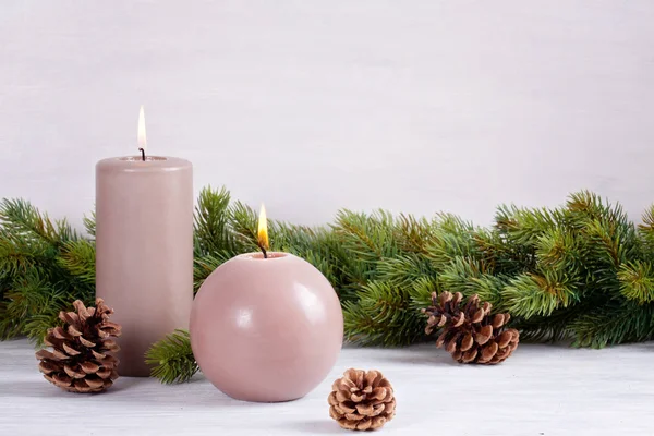 Velas Para Clima Frío Celebración Navideña Concepto Frío Invierno Con —  Fotos de Stock