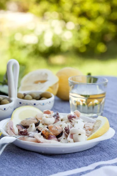 Entrées Traditionnelles Fruits Mer Méditerranéens Avec Olives Citrons Vin Blanc — Photo