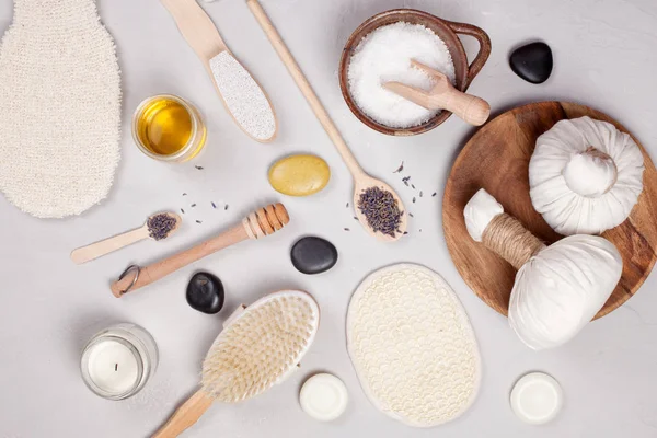 Conjunto Produtos Tradicionais Spa Conceito Cuidados Corporais Naturais — Fotografia de Stock