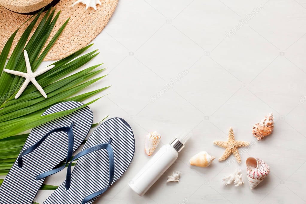 Summer vacation concept flat lay. Beach accessories top view. Space for text. travel