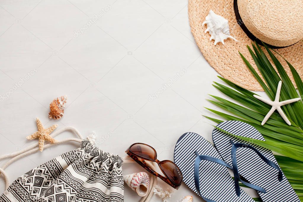 Summer vacation concept flat lay. Beach accessories top view. Space for text. travel