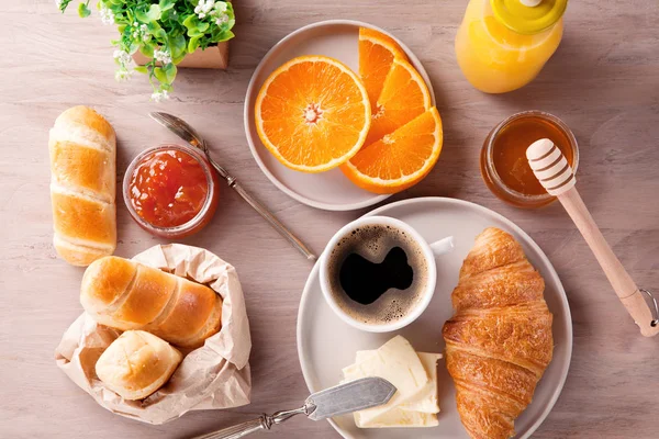 Breakfast Coffee Orange Juice Croissant Top View — Stock Photo, Image