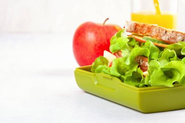 Taze sandviç ve plastik öğle yemeği kutusu içinde sağlıklı öğle yemeği için elma