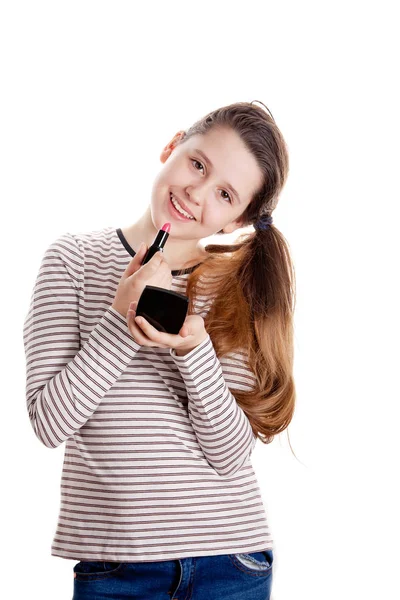 Portrait Young Stylish Teenager Girl Her First Lipstick White Background — Stock Photo, Image