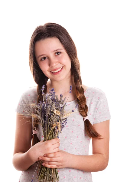 Menina Com Buquê Lavanda Sobre Fundo Branco — Fotografia de Stock