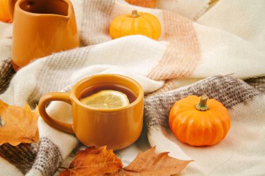 Sonbahar kompozisyonu sonbahar yaprakları, sıcak bir fincan çay ve sıcak yün atkı ya da ekoseli