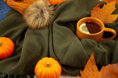 Sonbahar kompozisyonu sonbahar yaprakları, sıcak bir fincan çay ve sıcak yün turuncu bir kazak.