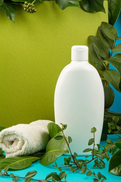 Background with green leaves and plants and bottle of cosmetic. Natural scin care concept. Copy space, mockup.