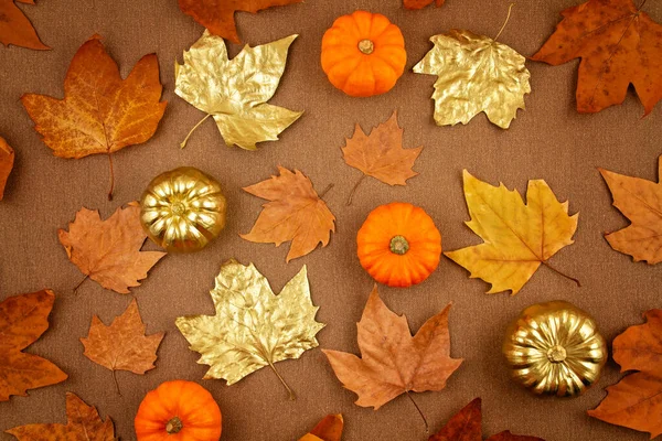 Platt låg höst sammansättning med hösten gula och gyllene blad och pumpor — Stockfoto