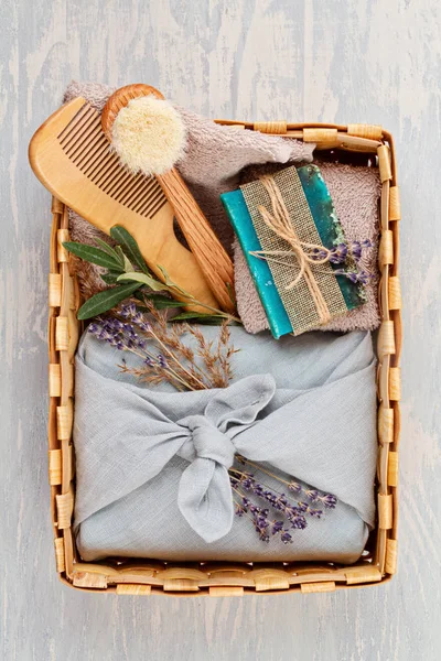 Handmade natural organic soap, dry shampoo, spa, beauty skincare gift package concept. Small business, ethical shopping idea. Presents packed in plastic free, craft gift boxes Stock Photo