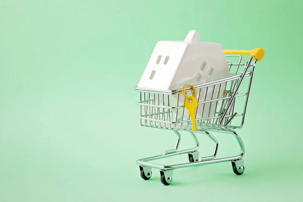 Carrello della spesa con tubo in miniatura all'interno. Acquisto casa, prestito bancario, idea agenzia immobiliare — Foto Stock