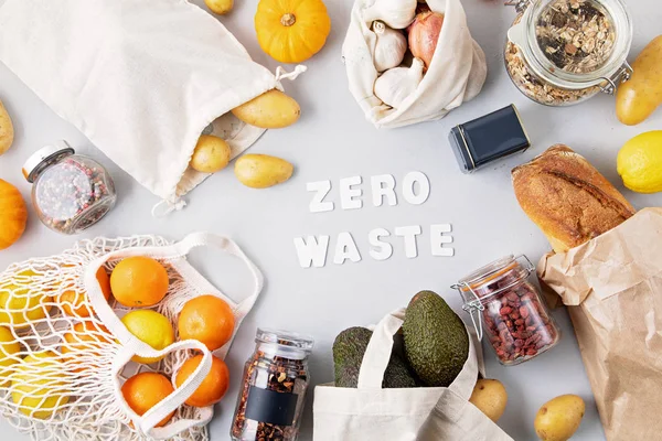 Zero Waste Food Shopping Opslag Katoenen Eco Tassen Glazen Potten — Stockfoto