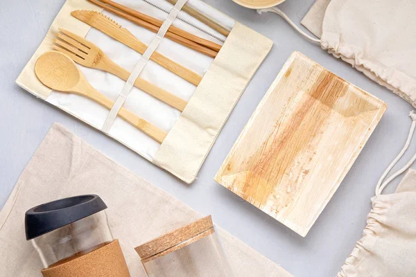 Zero Waste Kit Set Eco Friendly Bamboo Cutlery Mesh Cotton — Stock Photo, Image