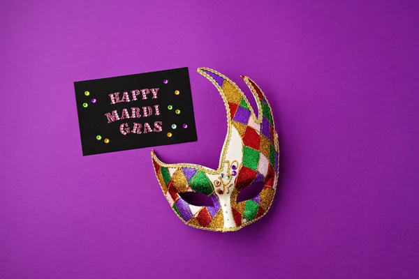 Festive Colorful Mardi Gras Carnivale Mask Greeting Card Purple Background — Stock Photo, Image