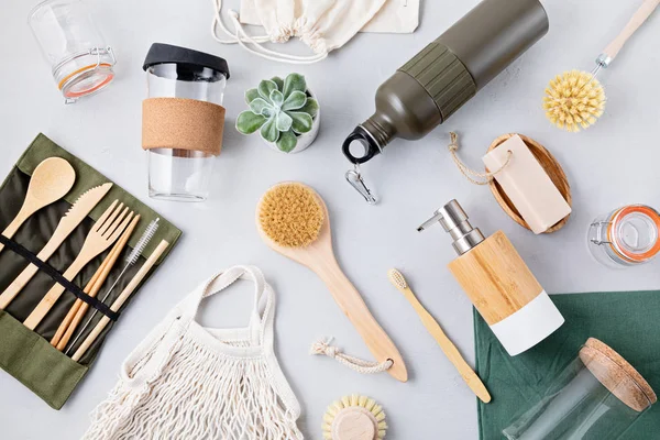 Flat Lay Zero Waste Kit Set Eco Friendly Bamboo Cutlery — 스톡 사진