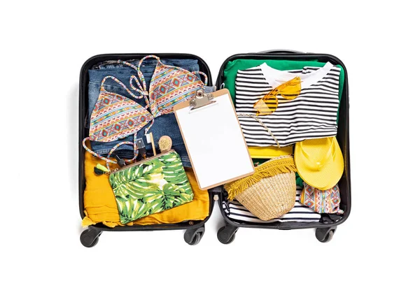 Flat Lay Open Suitcase Casual Clothes Summer Vacations White Background — Stock Photo, Image