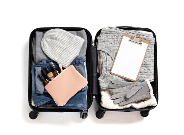 Flat Lay Open Suitcase Casual Clothes Autumn Winter Vacations White — Stock Photo, Image