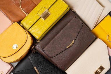Kadın çantaları koleksiyonuyla yatıyordu. Alışveriş, moda görünümü, çevrimiçi güzellik blogu, satış konsepti