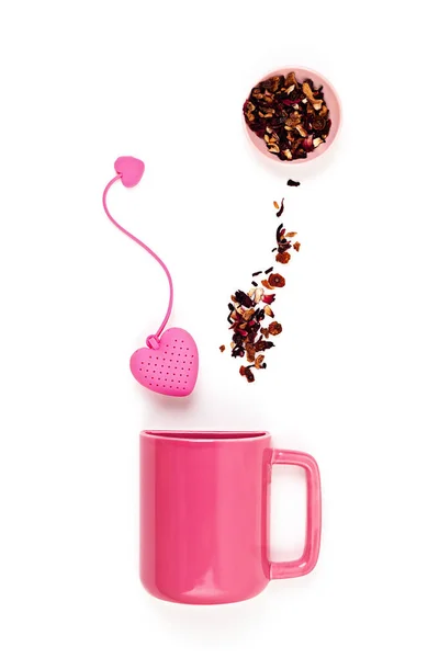 Flat Lay Pink Tea Mug Reusable Tea Bag White Background — Stock Photo, Image