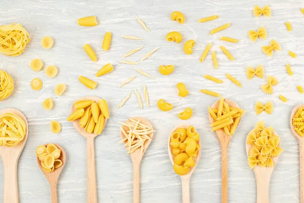 Flat Lay Different Types Traditional Italian Pasta Penne Tagliatelle Fusilli — Stock Photo, Image