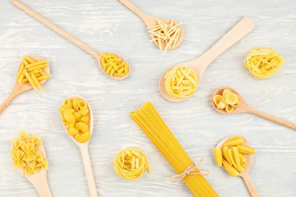 Flat Lay Different Types Traditional Italian Pasta Penne Tagliatelle Fusilli — Stock Photo, Image