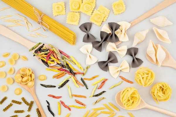 Flat Lay Different Types Traditional Italian Pasta Penne Tagliatelle Fusilli — Stock Photo, Image